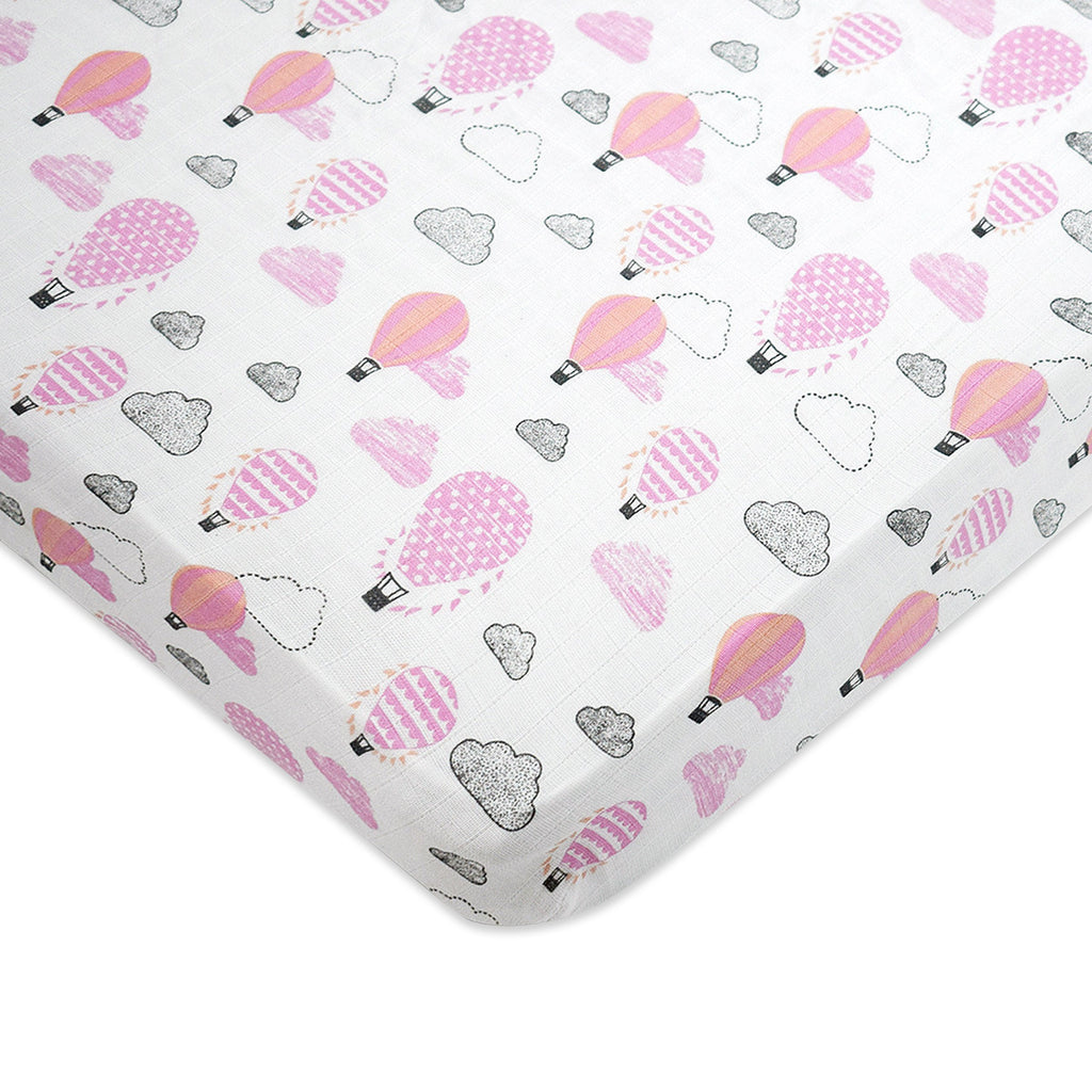 Cotton Fitted Cot Sheet – Up, Up & Away (Pink)